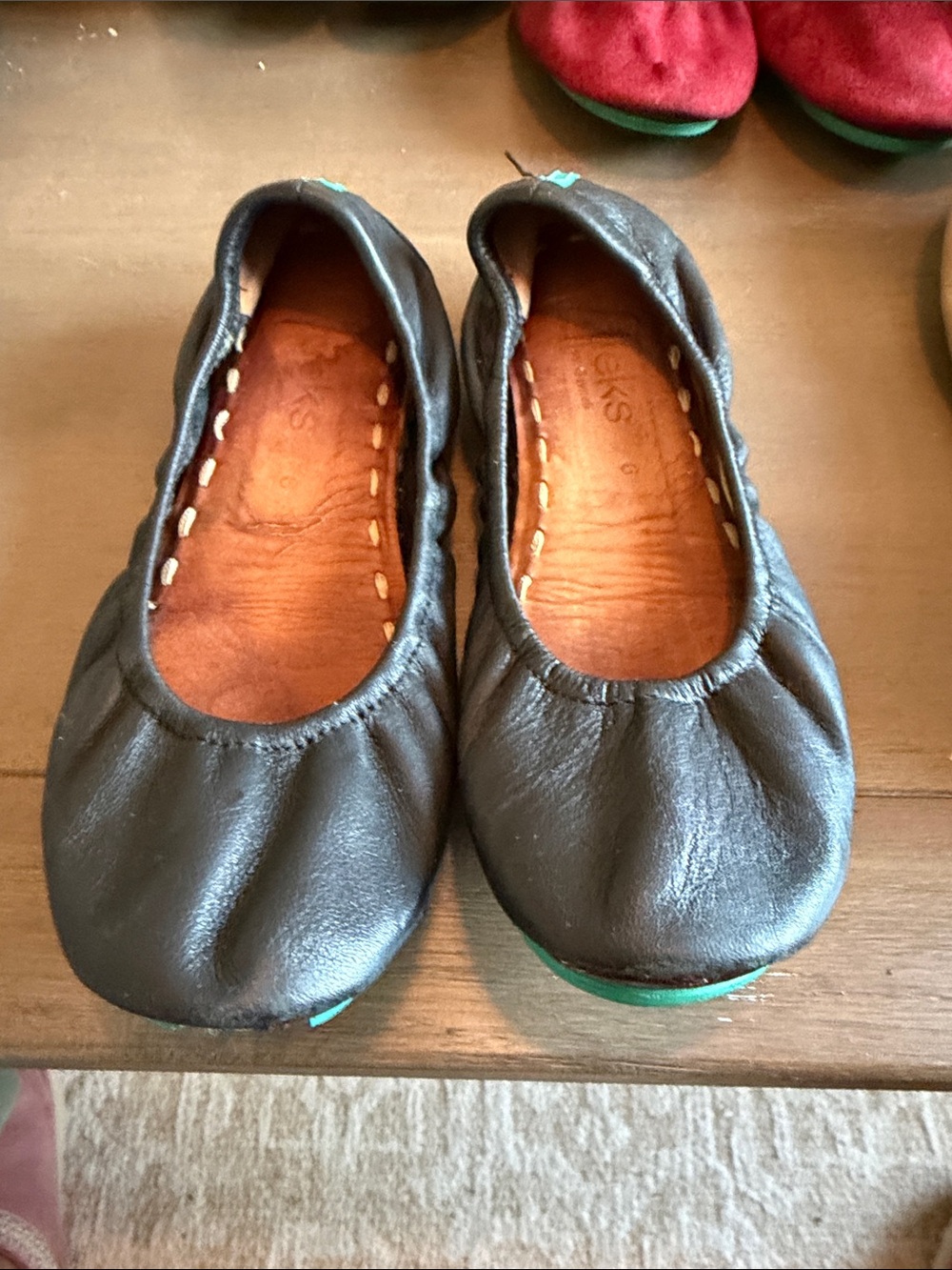 Tieks Black Leather Ballet Flats with Subtle Green Sole